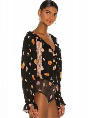 Intimately Free People Poppy Printed Bodysuit Floral Lace Trim Black Size XS